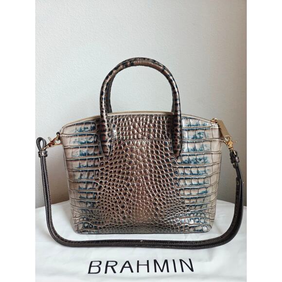 Brahmin Duxbury Satchel Petrol Magnus Croc Embossed Leather Bag Strap Dust Bag - Picture 2 of 16